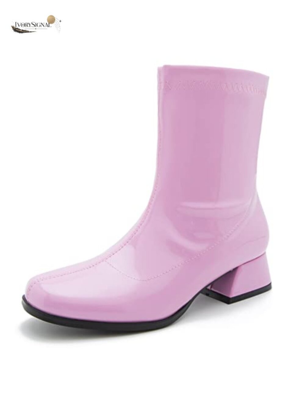 Women's Mid-Calf Gogo Boots, Square Toe, Low Block Heel, Side Zipper, Synthetic